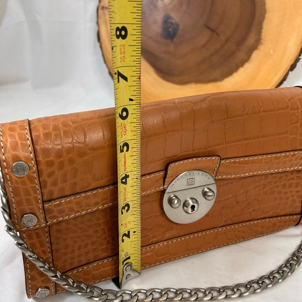 Cognac Croc-Embossed Leather Shoulder Bag with Silver Chain
